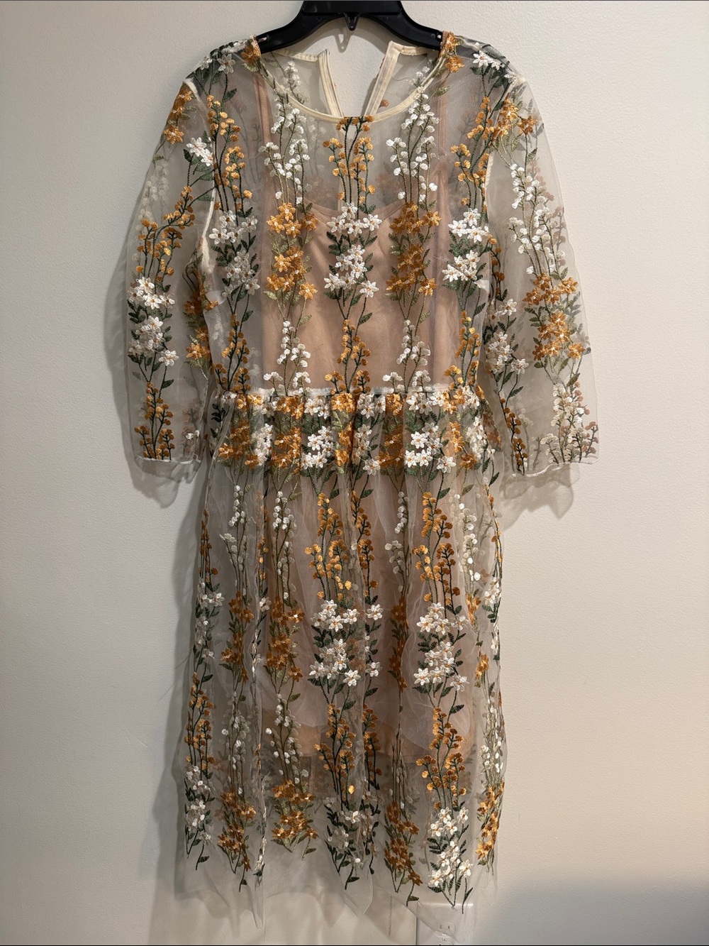 Metisu Sheer Embroidered Floral Midi Dress in White and Mustard - size small